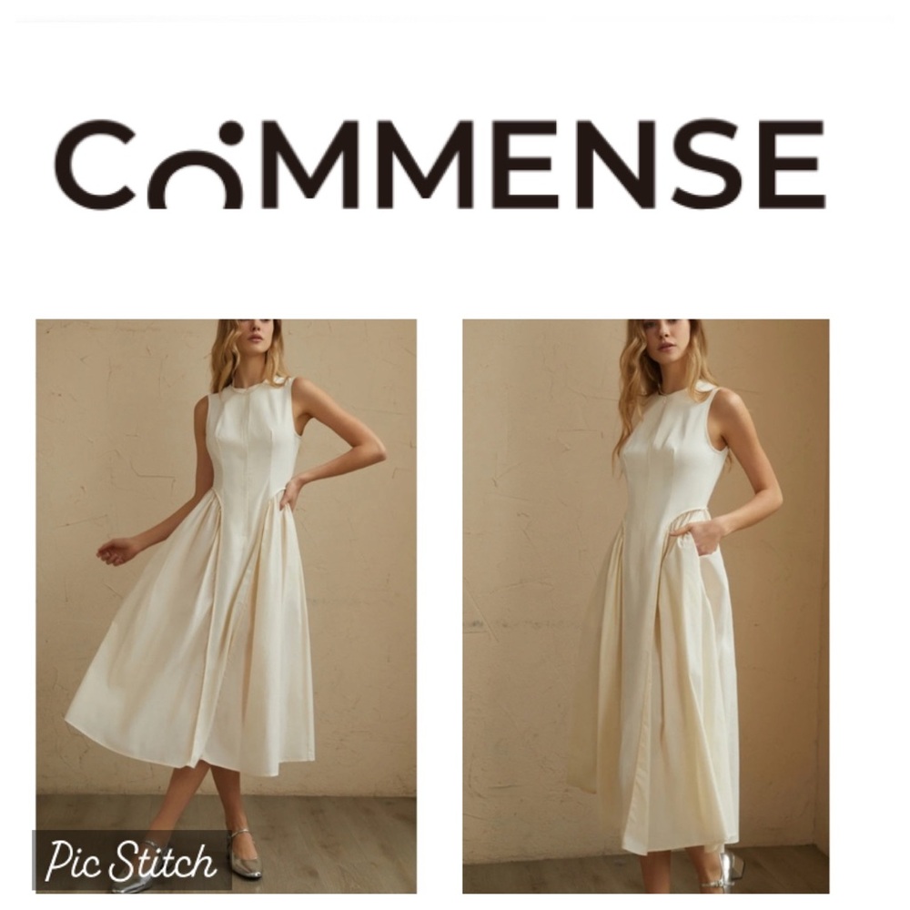 Commense Ivory Sleeveless Structured MIDI Dress With Pockets